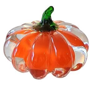 Crystal Clear Crystal Pumpkin Decor Paperweight Orange Green Clear 5" Diameter